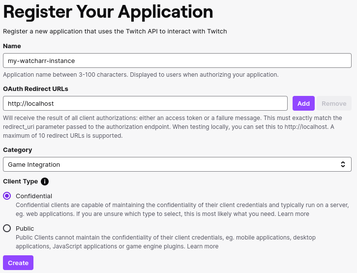 Registering twitch application
